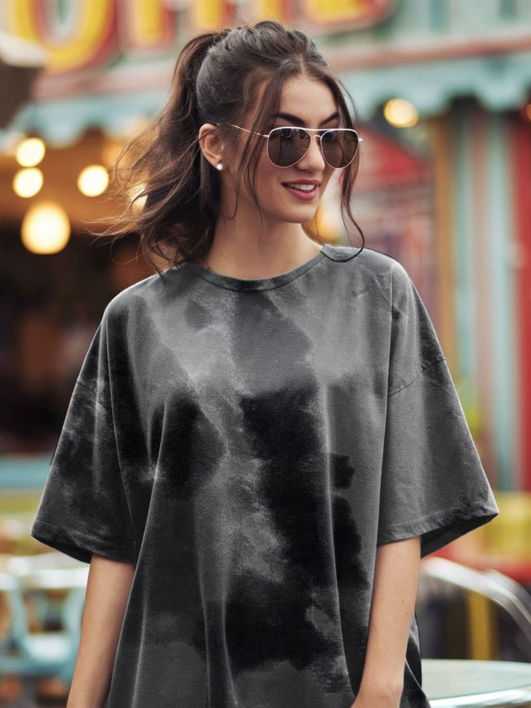 Leotude Women Dyed Round Neck Cotton Oversized T-shirt - view 1
