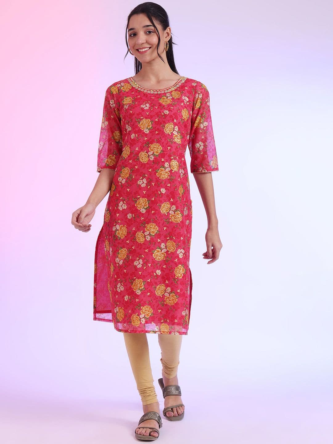 AURELIA Floral Printed Round Neck Straight Kurta - view 1