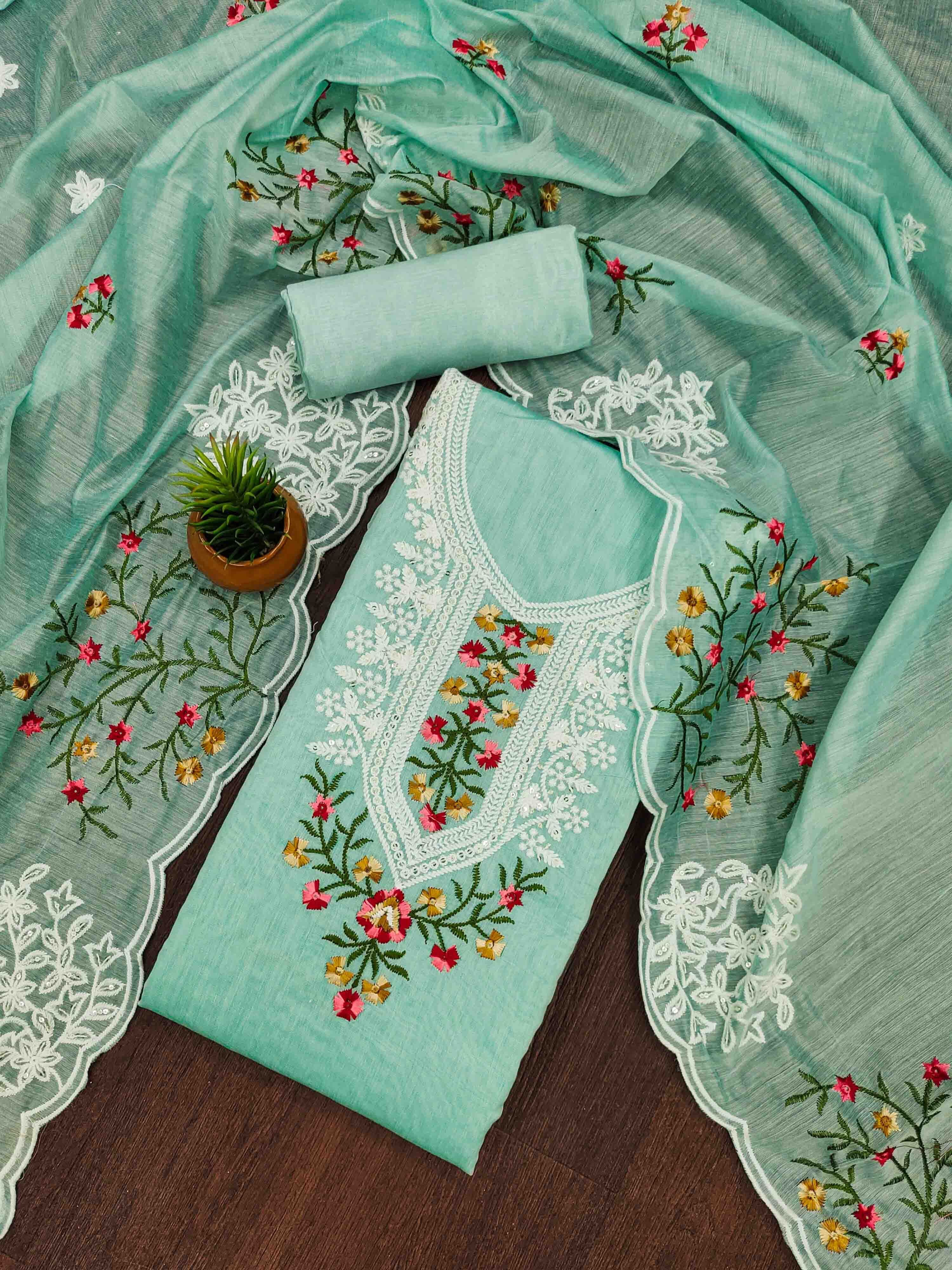 Blissta Floral Embroidered Chanderi Cotton Unstitched Dress Material - view 1