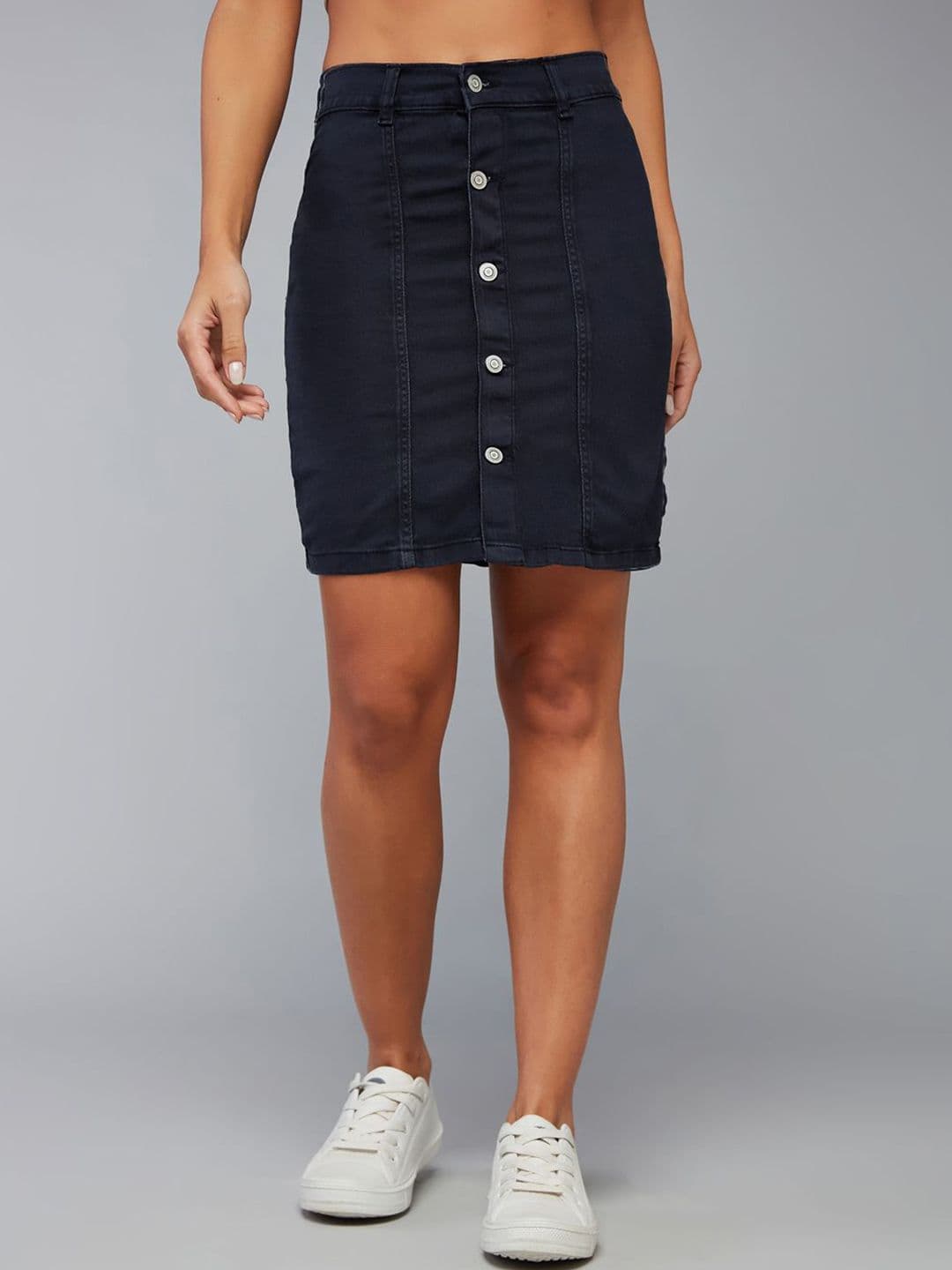 DOLCE CRUDO Women Navy Blue Stretchable Solid A-line Mini Denim Skirt - view 1