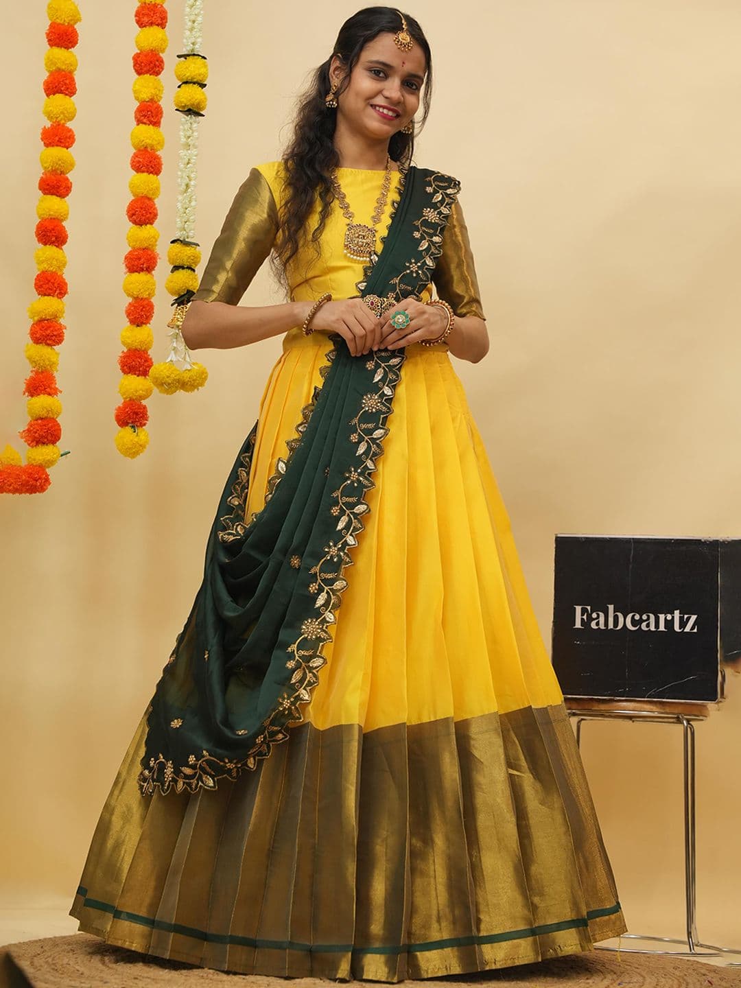 Fabcartz Woven Design Semi-Stitched Zari Lehenga & Unstitched Blouse With Dupatta - view 1