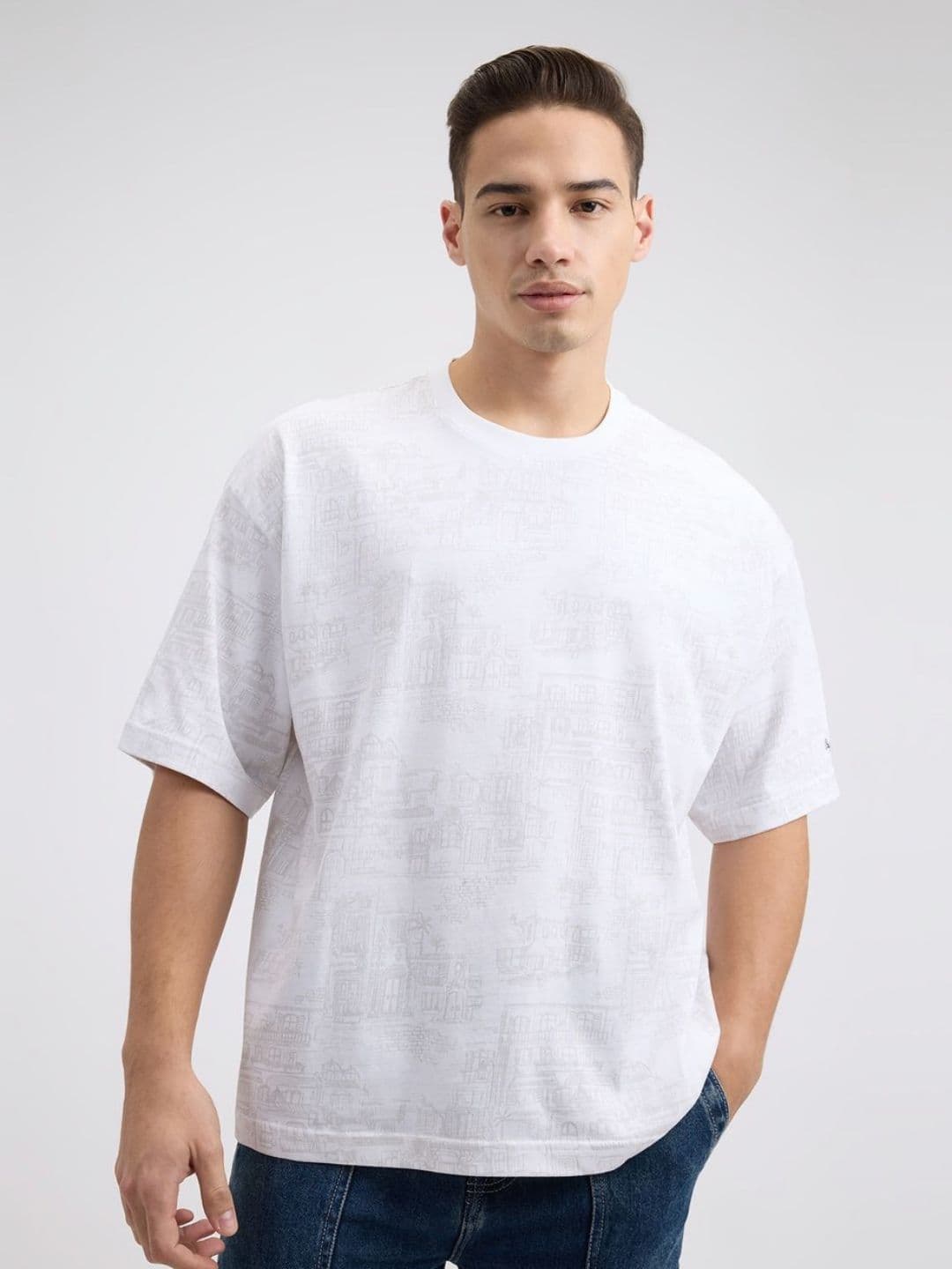 Pepe Jeans Men Abstract Printed Round Neck Cotton Oversized T-shirt - view 1