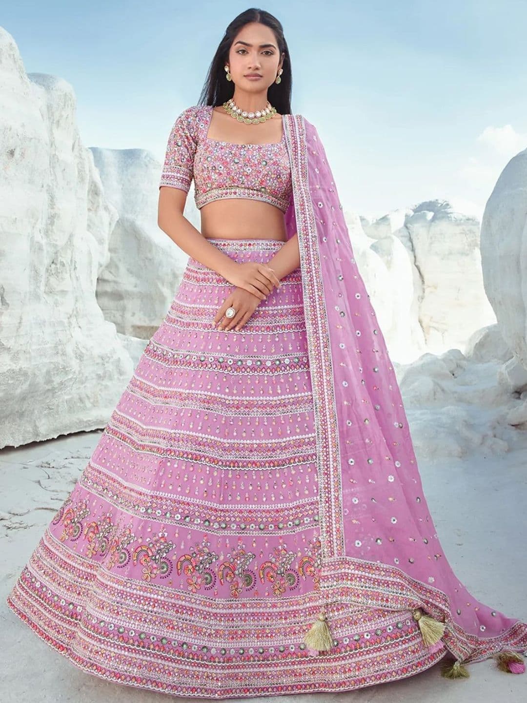 Fusionic Embroidered Sequinned Semi-Stitched Lehenga & Unstitched Blouse With Dupatta - view 1