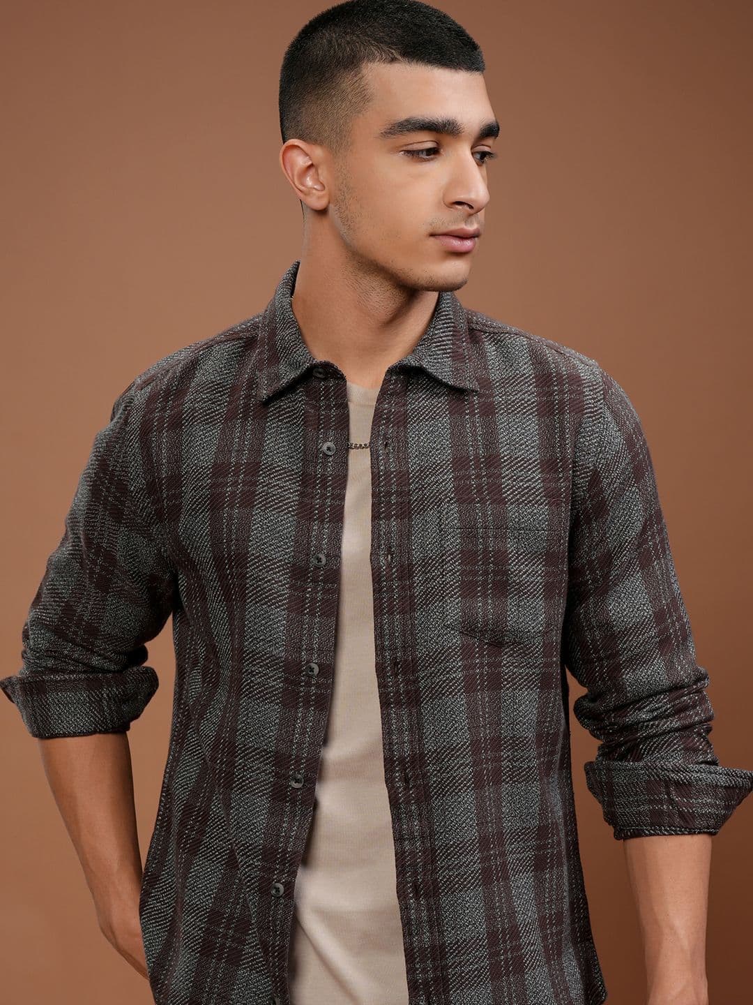 HIGHLANDER Men Grindal Yarn Textured Checked Casula Slim Fit Shirt - view 1