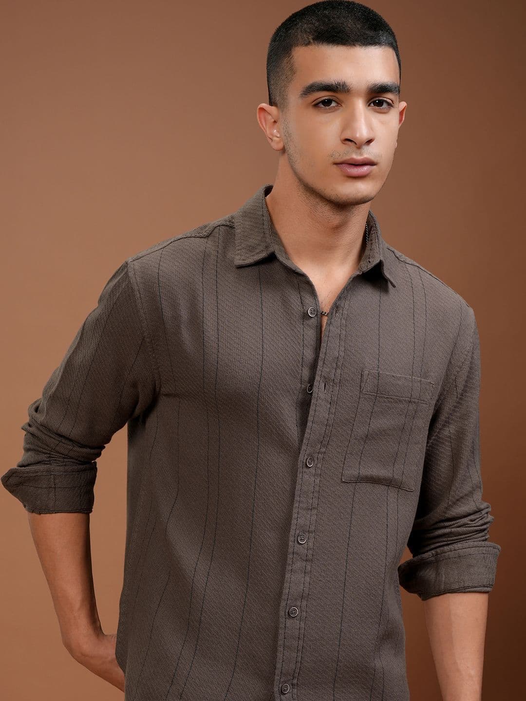 HIGHLANDER Men Relaxed Fit Spread Collar Textured Cotton Casual Shirt - view 1