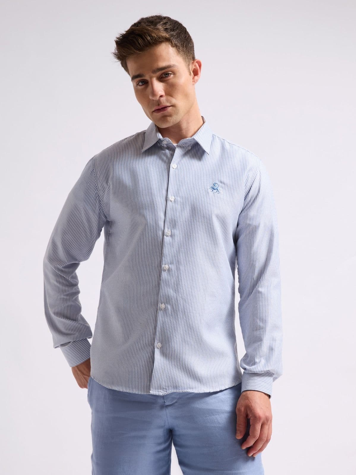 MISCHIEF MONKEY Men Classic Tailored Fit Spread Collar Pinstripes Cotton Casual Shirt - view 1