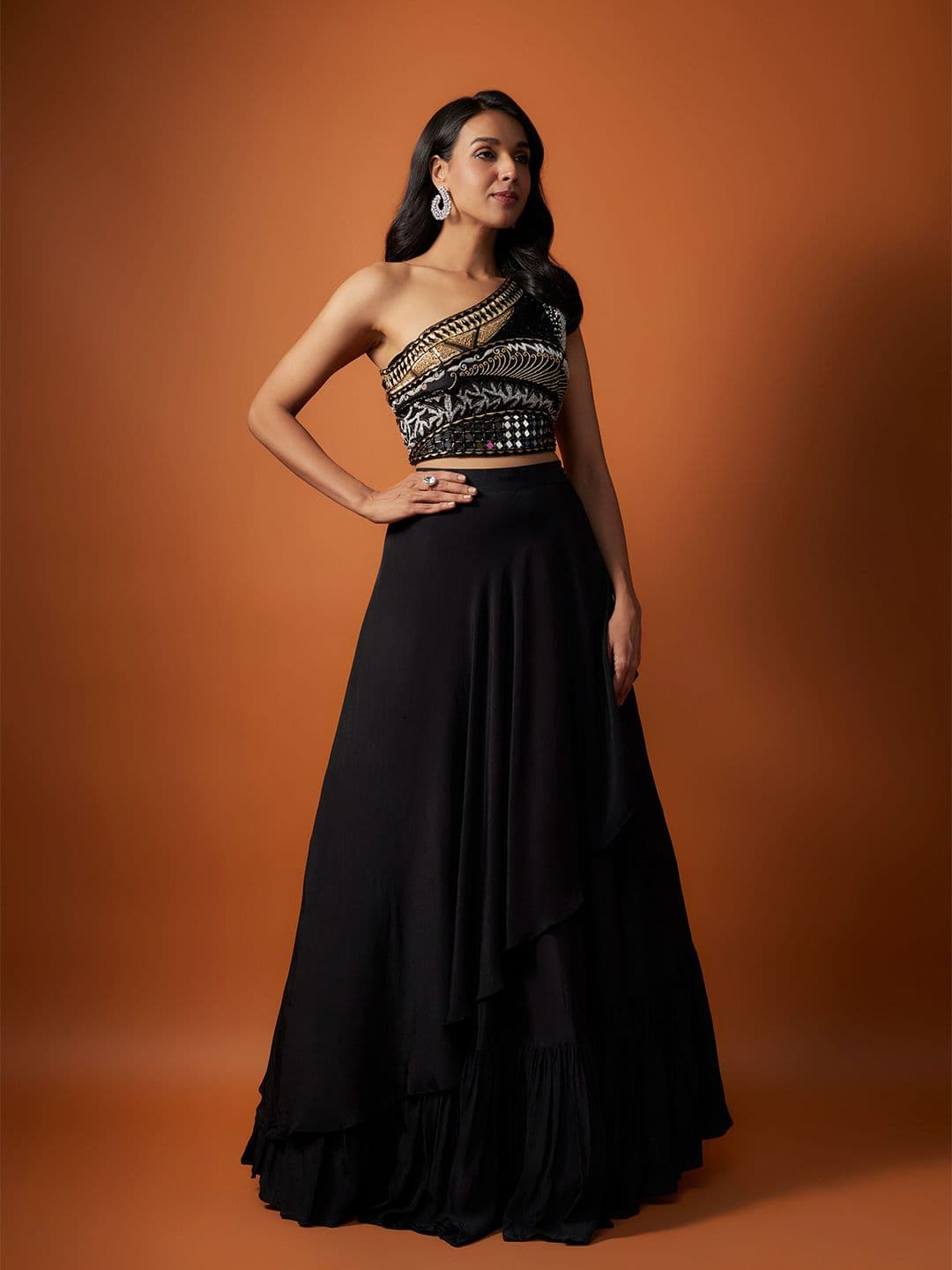Mehak Murpana Embroidered Mirror Work One Shoulder Ready to Wear Lehenga & Blouse - view 1