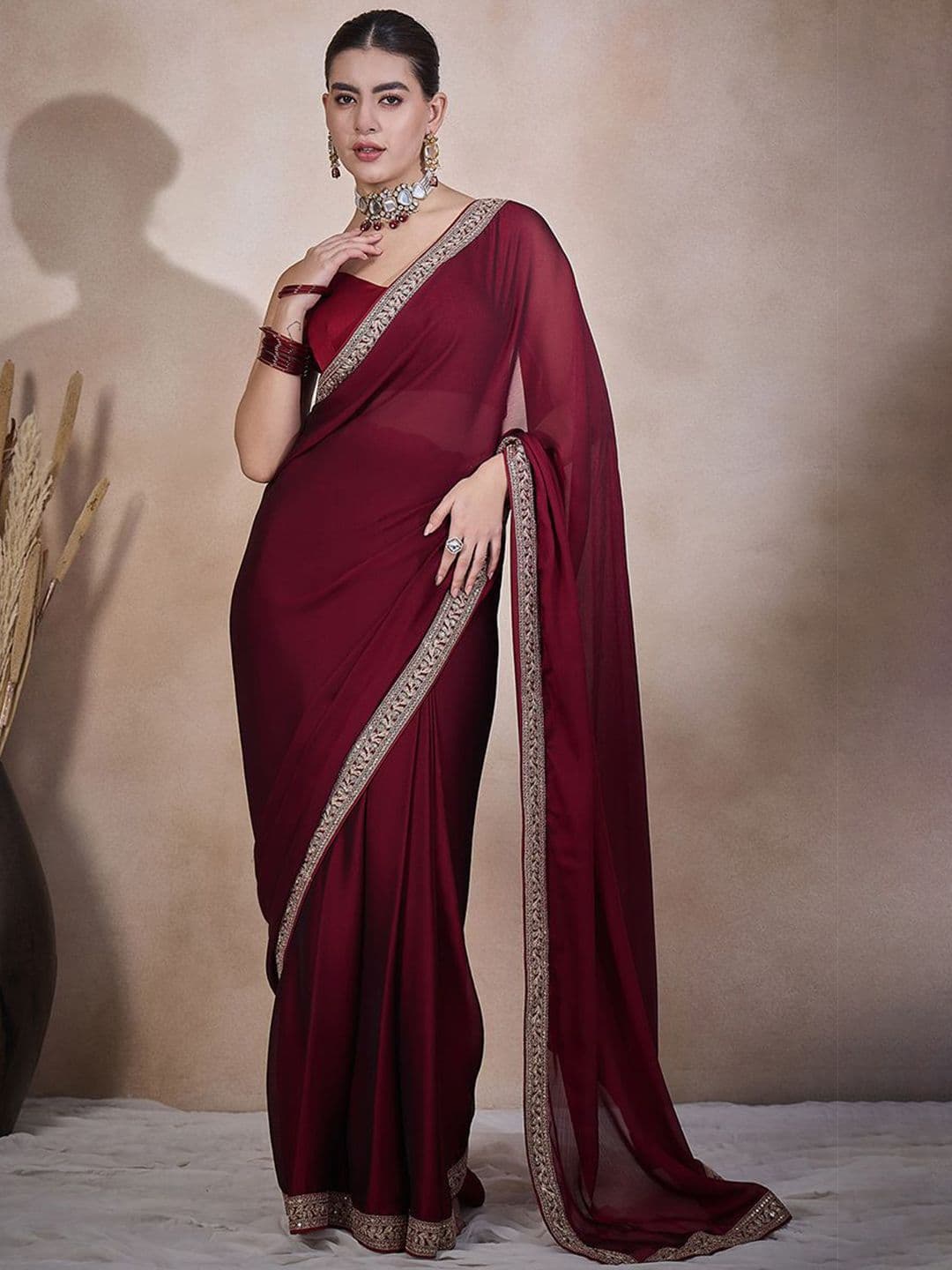 all about you Embroidered Lace Border Satin Ready to Wear Saree - view 1