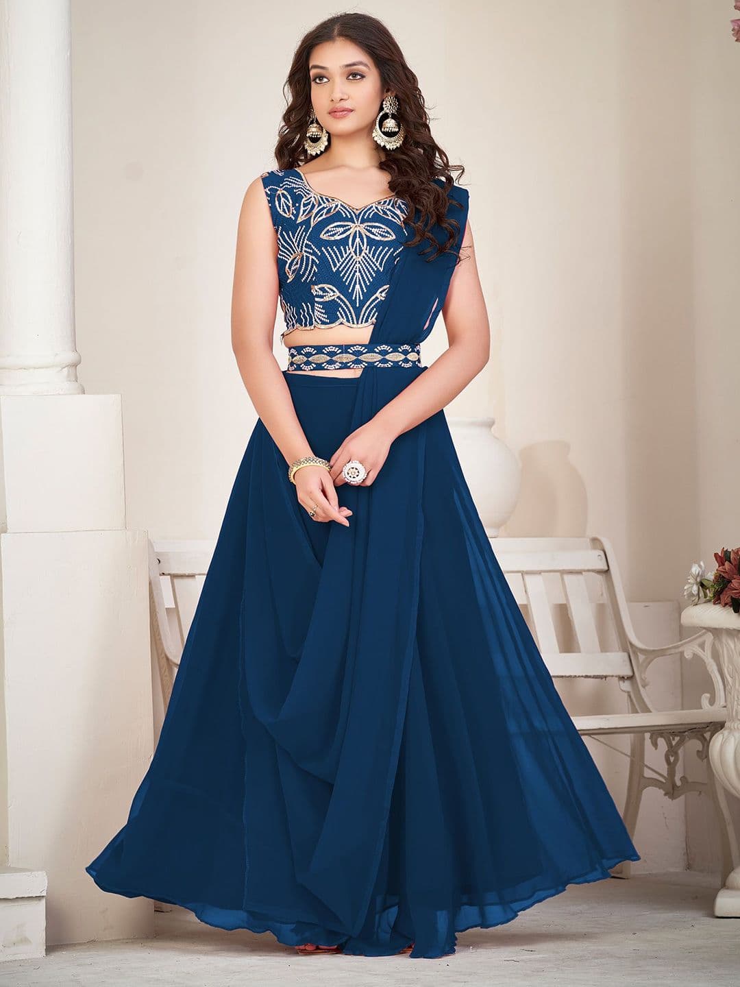 KALINI Embroidered Thread Work Semi-Stitched Lehenga & Unstitched Blouse With Dupatta - view 1