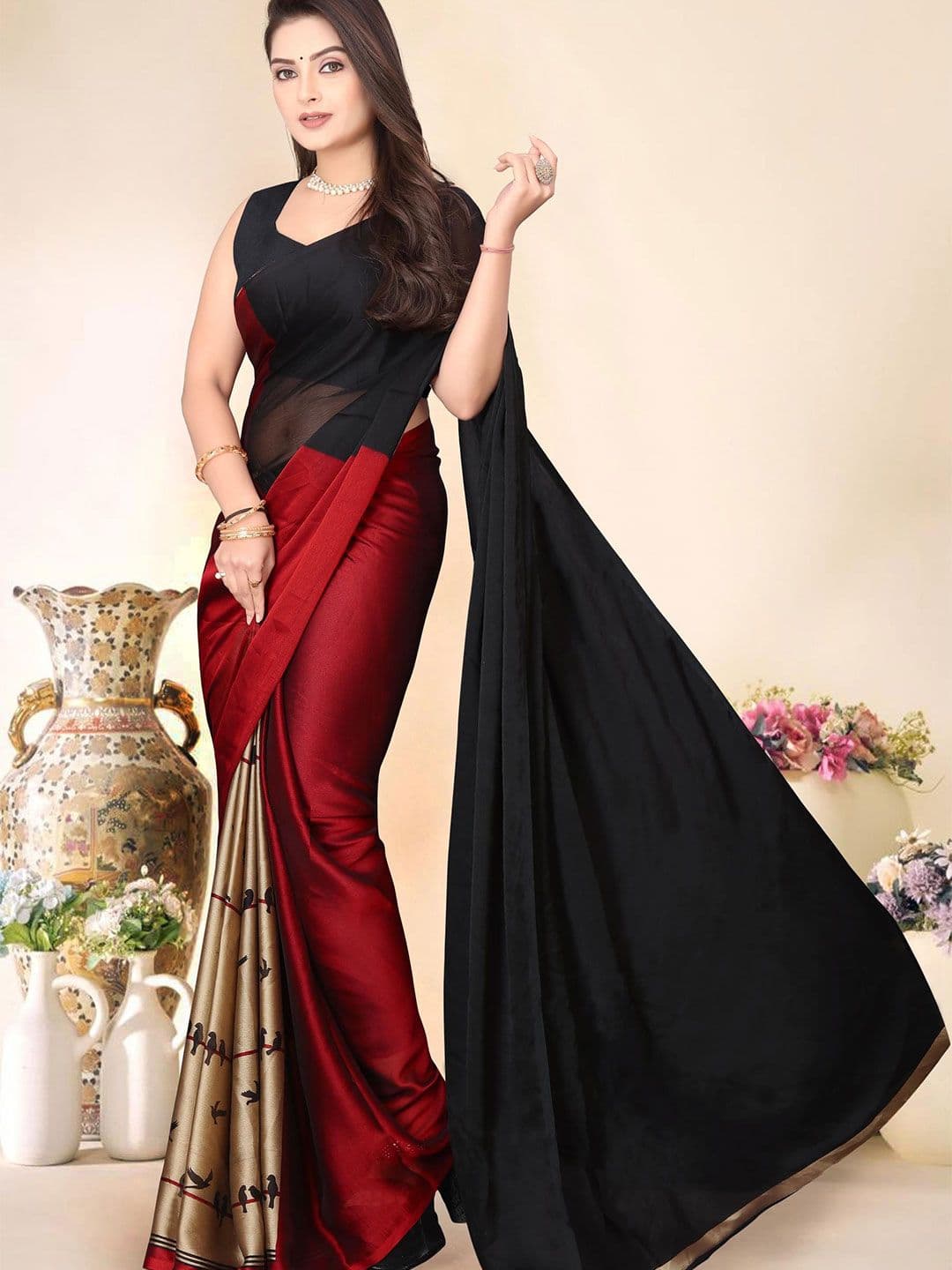 SUPERLAXMI Ethnic Motifs Colourblocked Pure Chiffon Saree - view 1
