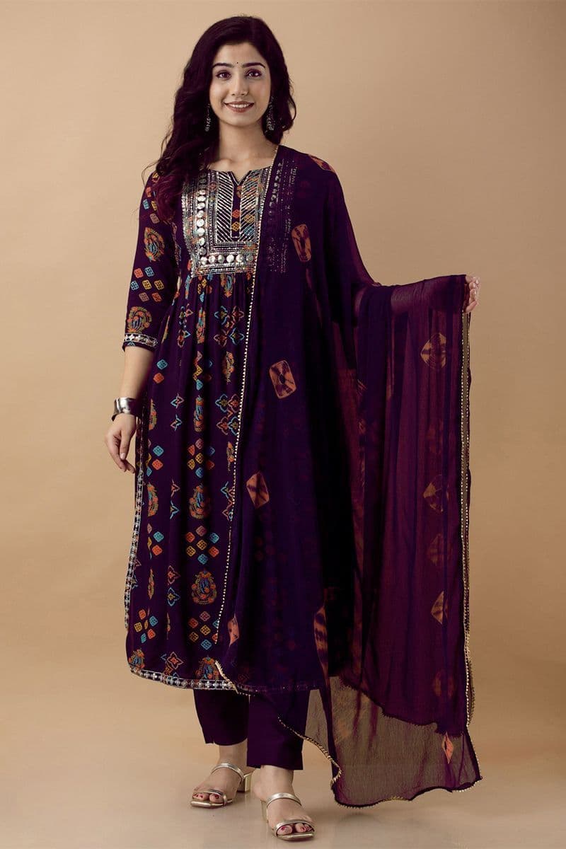 Anushansa Ethnic Motifs Printed Sequined Work A-line Kurta With Trouser And Dupatta - view 1