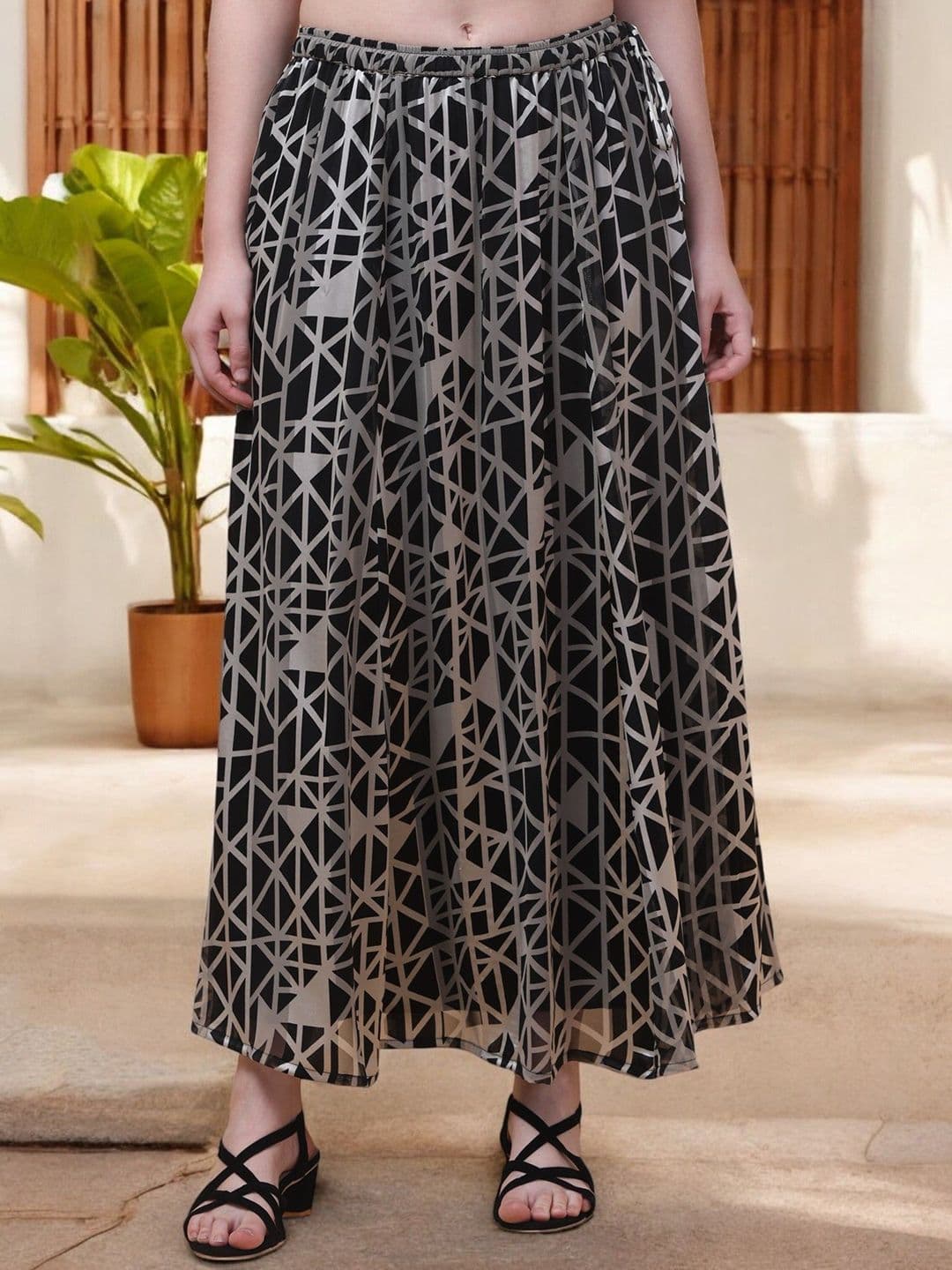 INUKA Geometric Printed Flared Maxi Skirt With Full Lining - view 1