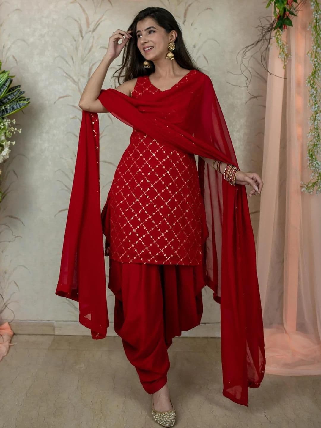 Xomantic Fashion Red Patiala Party Kurta Set with Dupatta - view 1
