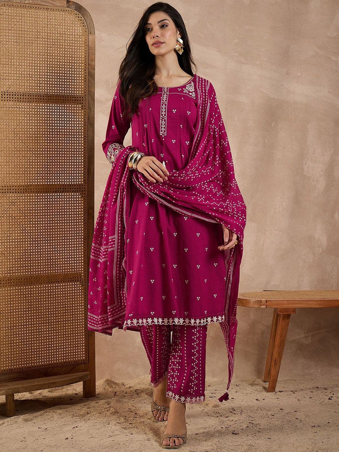 CHETI Women Bandhani Printed Cotton Kurta with Trousers & Dupatta - view 1