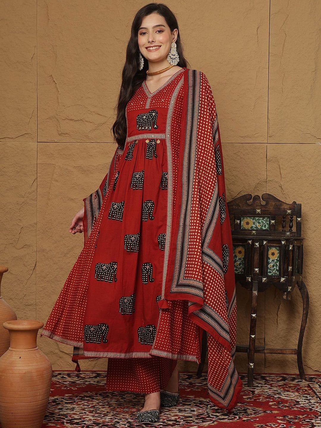 Sangria Animal Printed Pure Cotton V-Neck Mirror Work Kurta with Palazzos With Dupatta - view 1