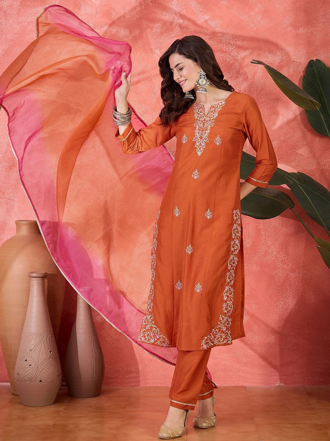 Sangria Zari Ethnic Motifs Embroidered Straight Kurta With Trouser & Dupatta - view 1