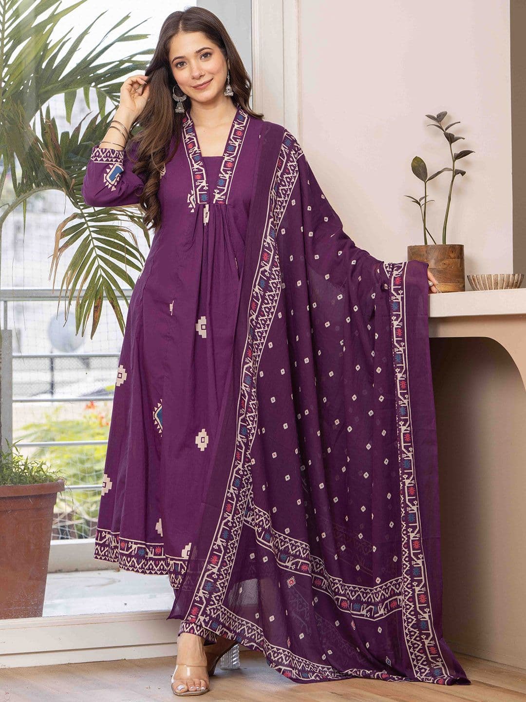 JAIMINI Women Bandhani Printed Cotton Anarkali Kurta with Trousers & Dupatta - view 1