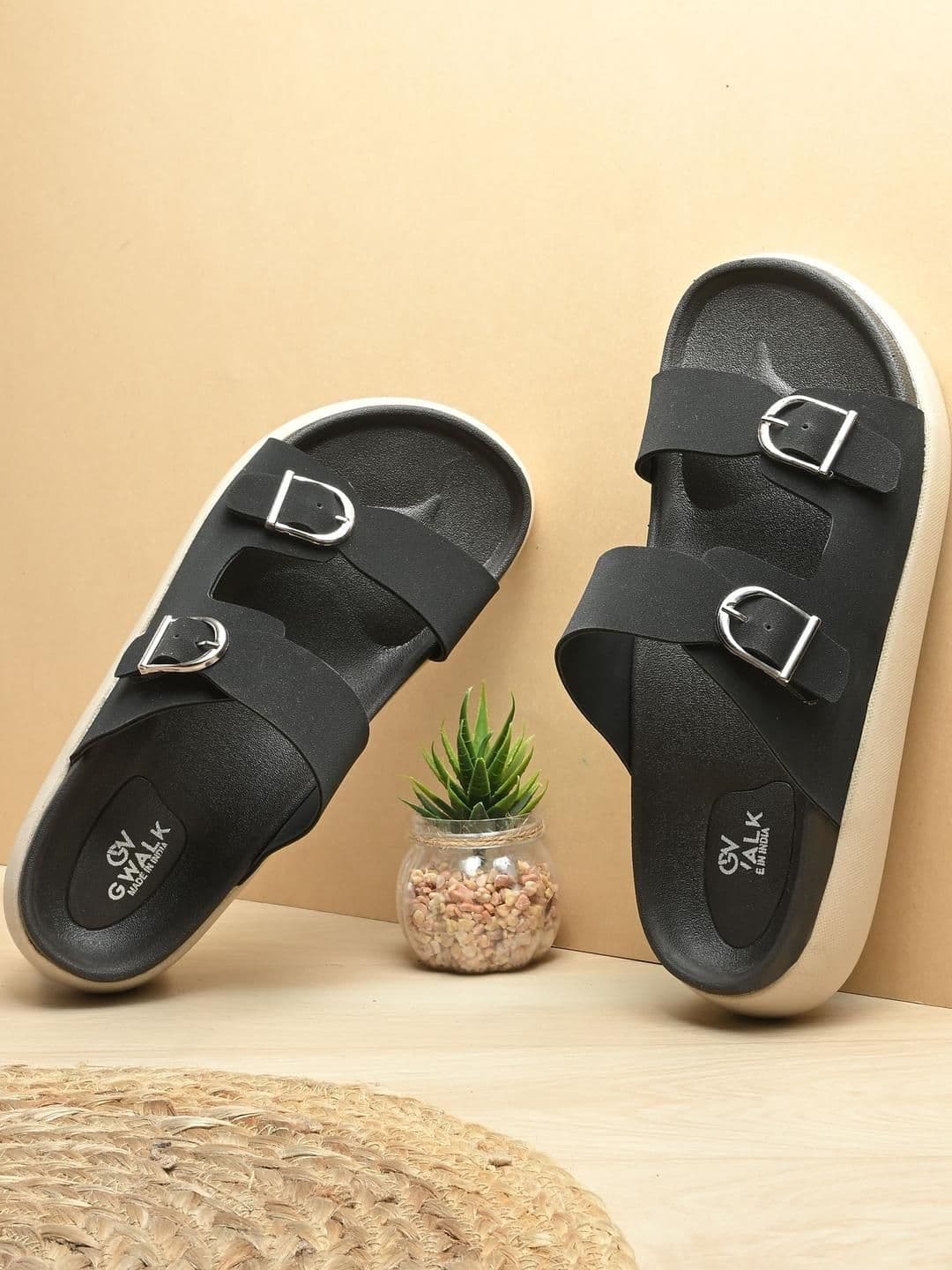 GWALK Men Black Dual Strap Comfort Sandals with Buckle Detail - view 1