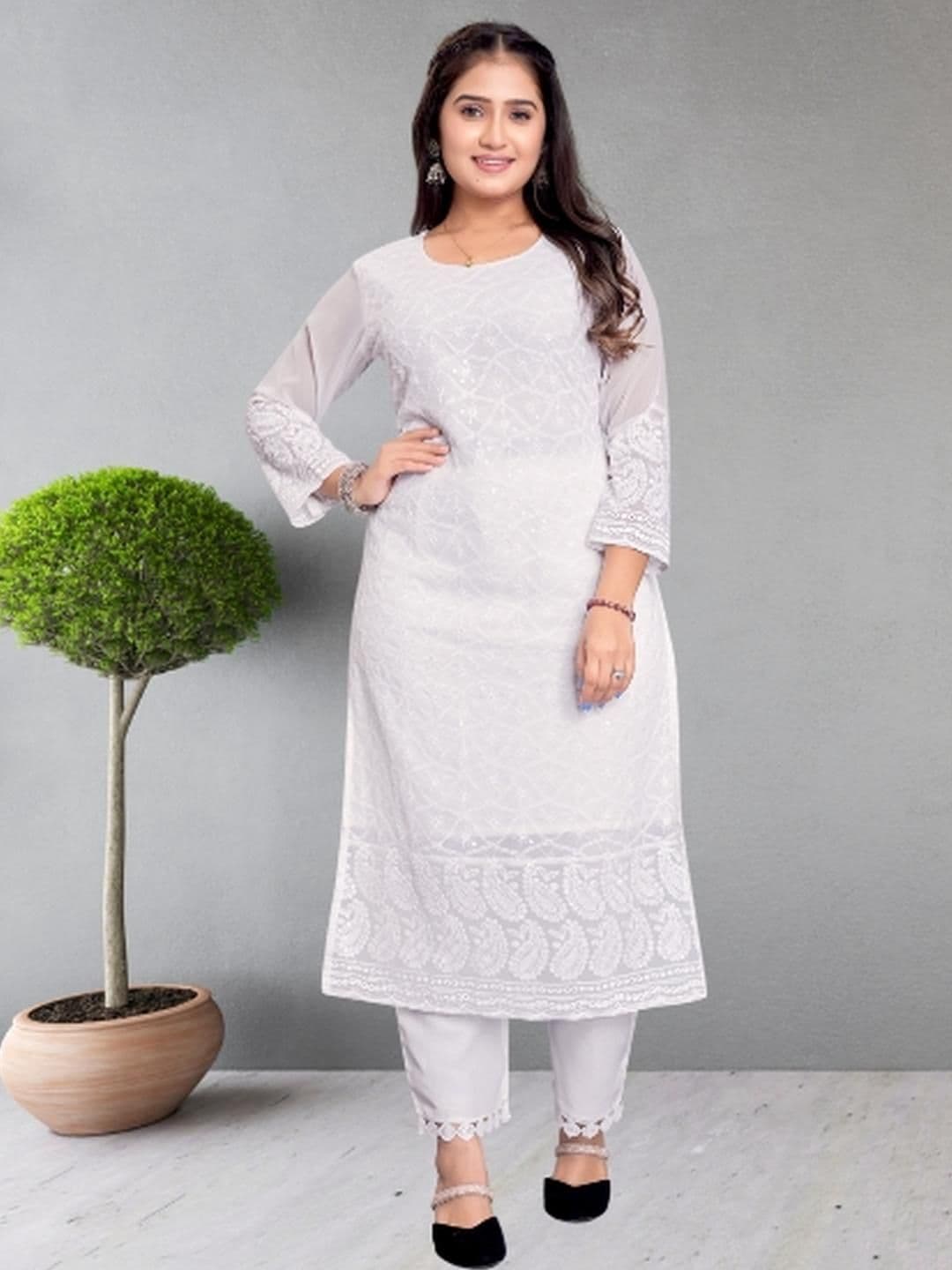 ZAZADIYA IMPEX Ethnic Motifs Embroidered Chikankari Straight Kurta - view 1