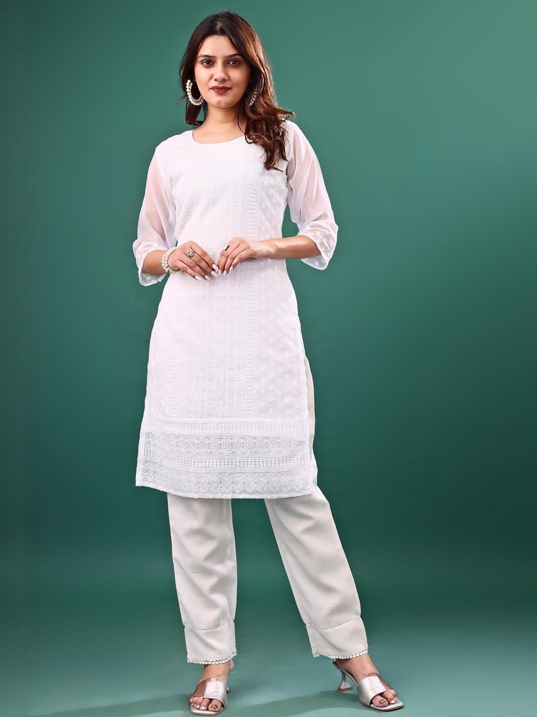ZAZADIYA IMPEX Women Floral Chikankari Georgette Kurta - view 1