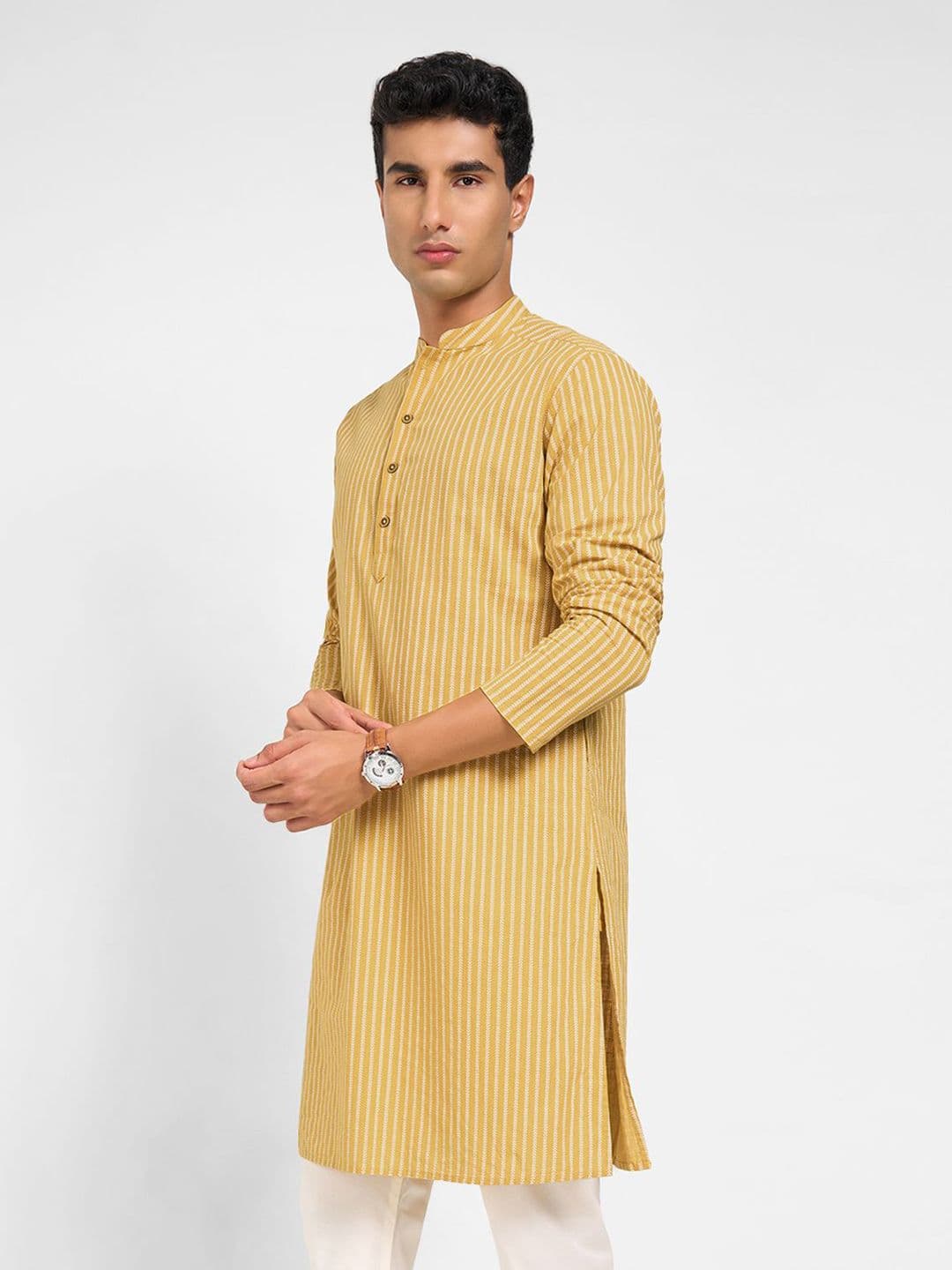 indus route by Pantaloons Striped Mandarin Collar Long Sleeves Pure Cotton Straight Kurta - view 1