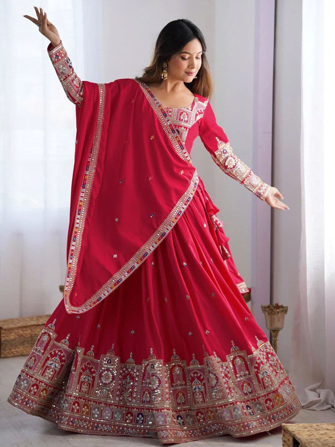 Fashorama Embroidered Thread Work Semi-Stitched Lehenga With Unstitched Blouse & Dupatta - view 1