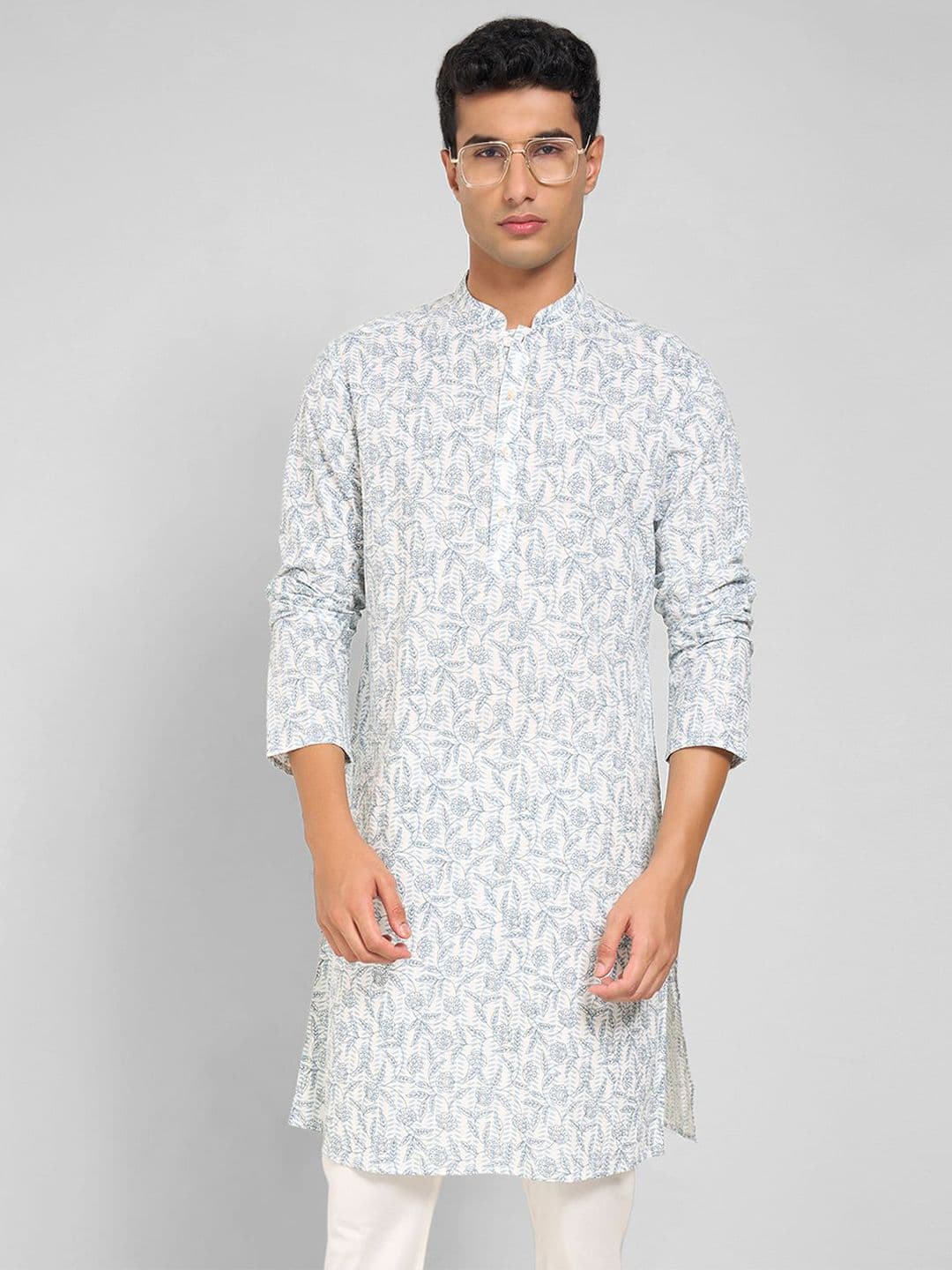indus route by Pantaloons Floral Printed Mandarin Collar Pure Cotton Straight Kurta - view 1