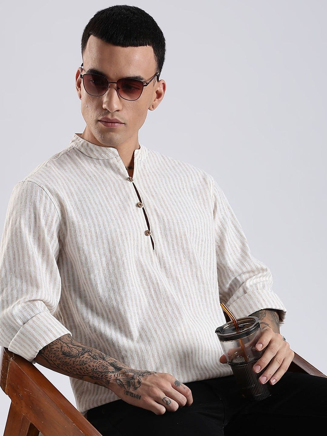 HERE&NOW Men Striped Festive Cotton Straight Kurta - view 1