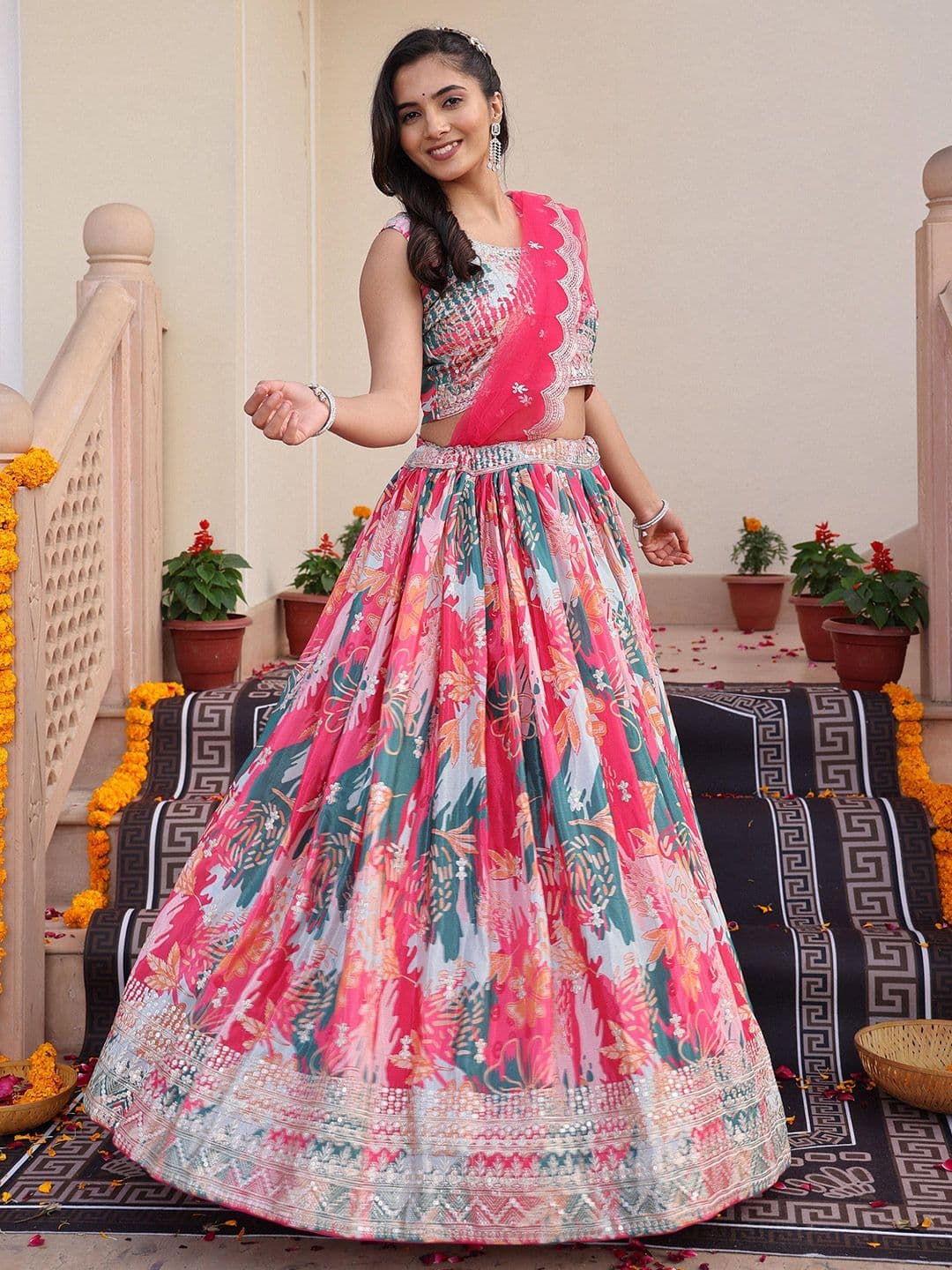 KALINI Embroidered Sequinned Semi-Stitched Lehenga & Unstitched Blouse With Dupatta - view 1