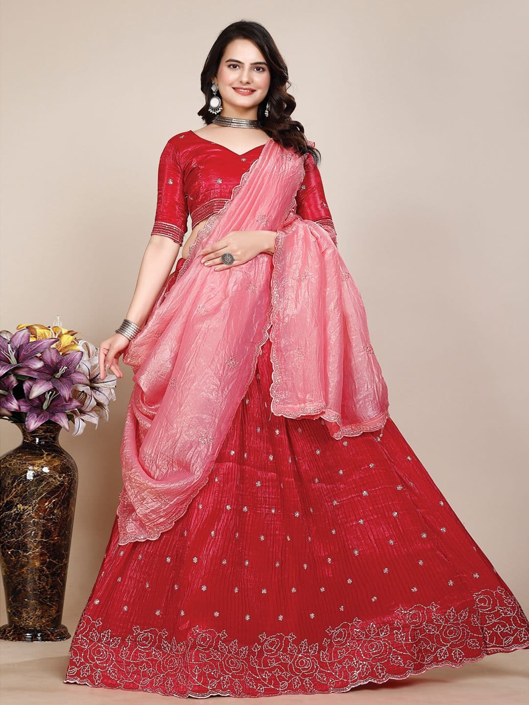 Fashorama Embroidered Ready to Wear Organza Lehenga & Unstitched Blouse & Dupatta - view 1