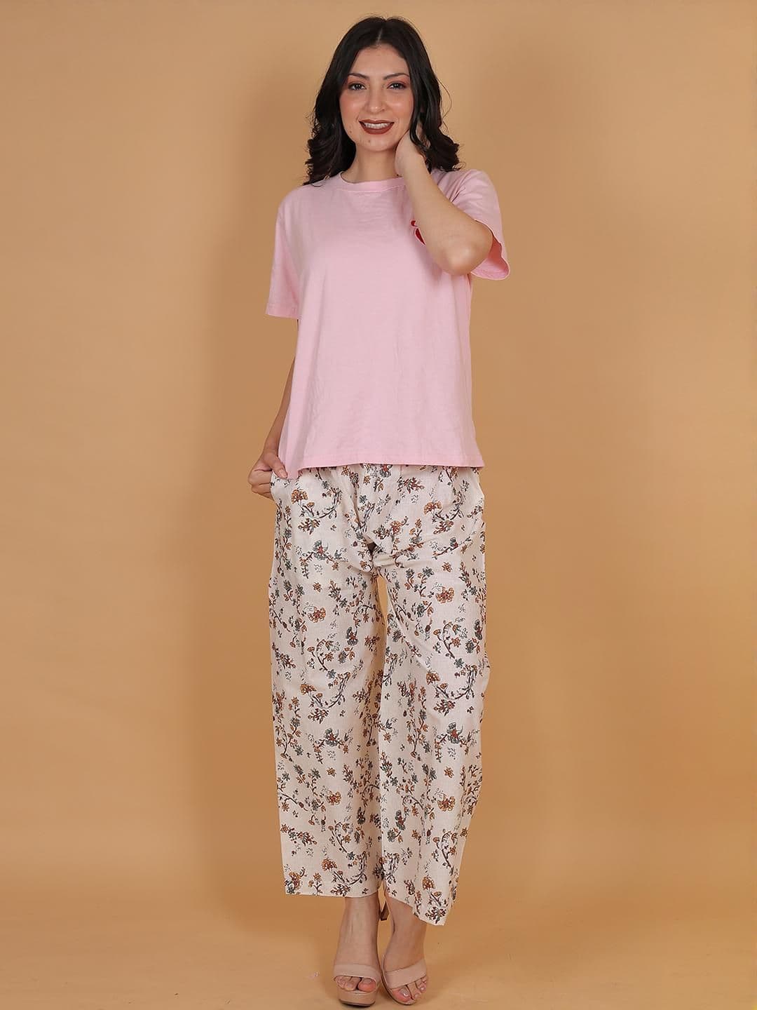 Mytrendzs Women Cream & Brown Floral Printed Cotton Palazzo with One Side Pocket - view 1
