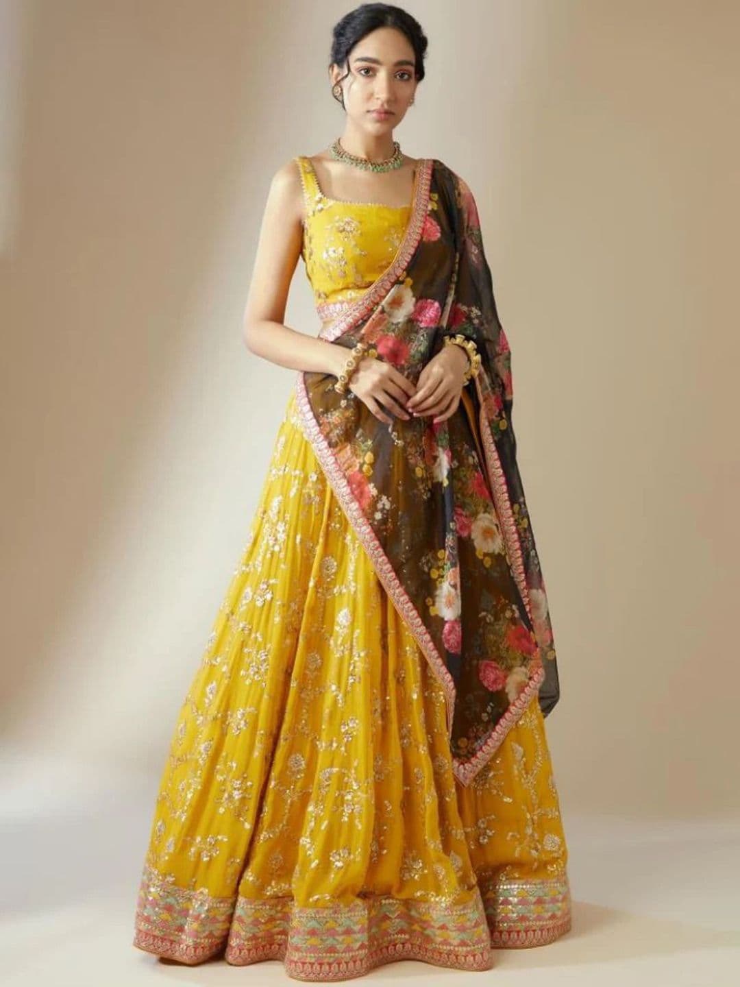JIHU CULTURE Embroidered Sequinned Semi-Stitched Lehenga & Unstitched Blouse With Dupatta - view 1