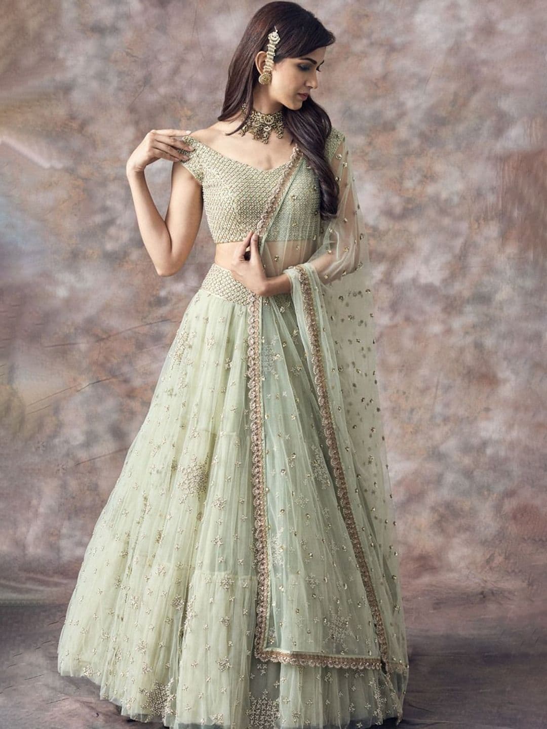 JIHU CULTURE Floral Embroidered Net Semi-Stitched Lehenga & Unstitched Blouse With Dupatta - view 1
