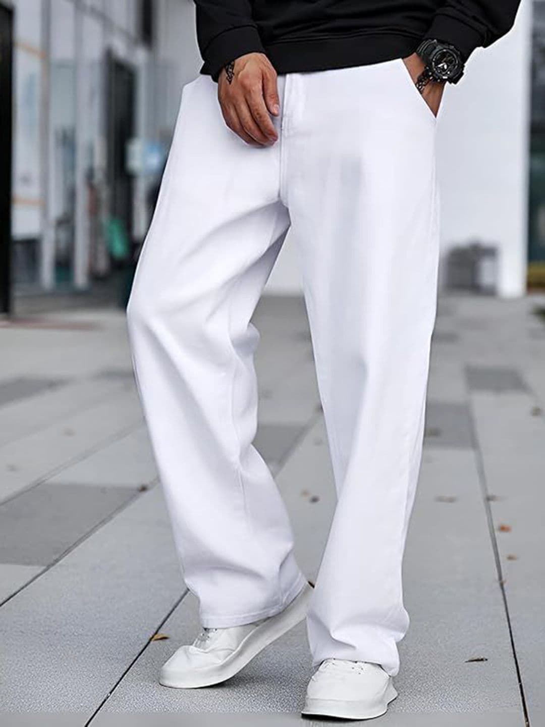 me Queen Men Wide Leg Mid-Rise Low Distress Pure Cotton, Jeans