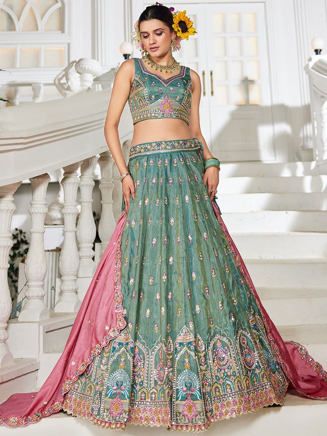 panchhi Green Embroidered Sequinned Semi-Stitched Lehenga & Unstitched Blouse With Dupatta - view 1