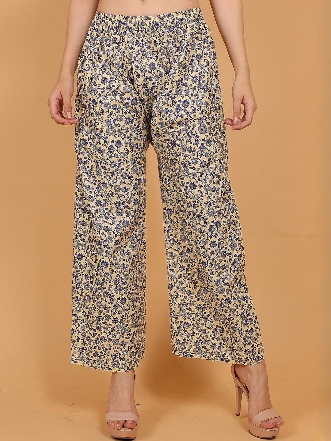 Mytrendzs Women Cream & Blue Floral Printed Cotton Palazzo with One Side Pocket - view 1