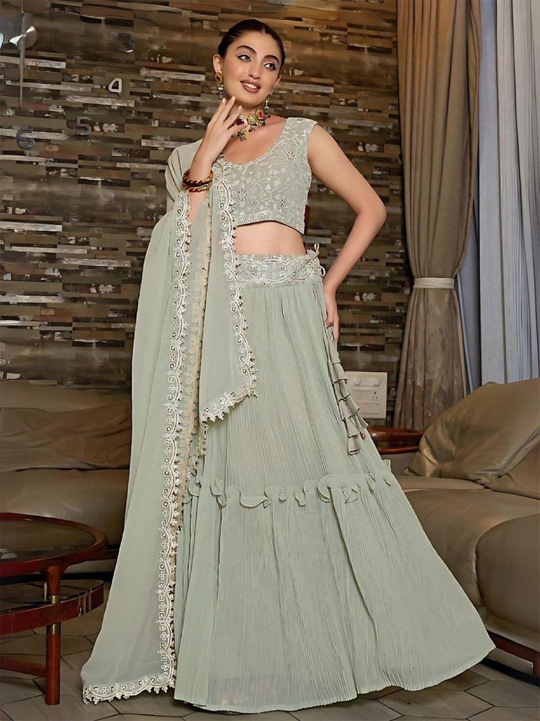 ODETTE Grey Embroidered Sequinned Semi-Stitched Georgette Lehenga & Unstitched Blouse With Dupatta - view 1