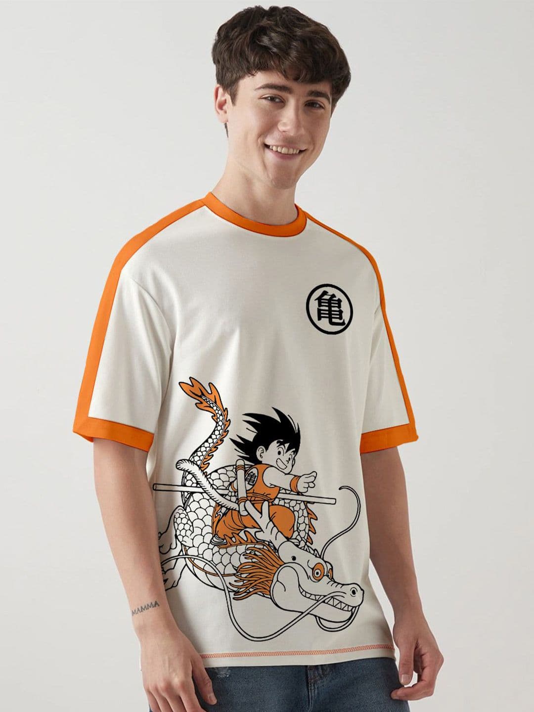 Crazymonk Kid Goku X Shenron Printed Drop-Shoulder Sleeves Cotton Oversized T-shirt - view 1