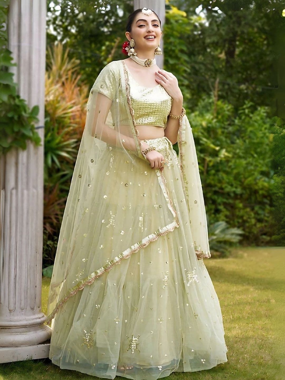 ODETTE Green Embroidered Semi-Stitched Net Lehenga & Unstitched Blouse With Dupatta - view 1