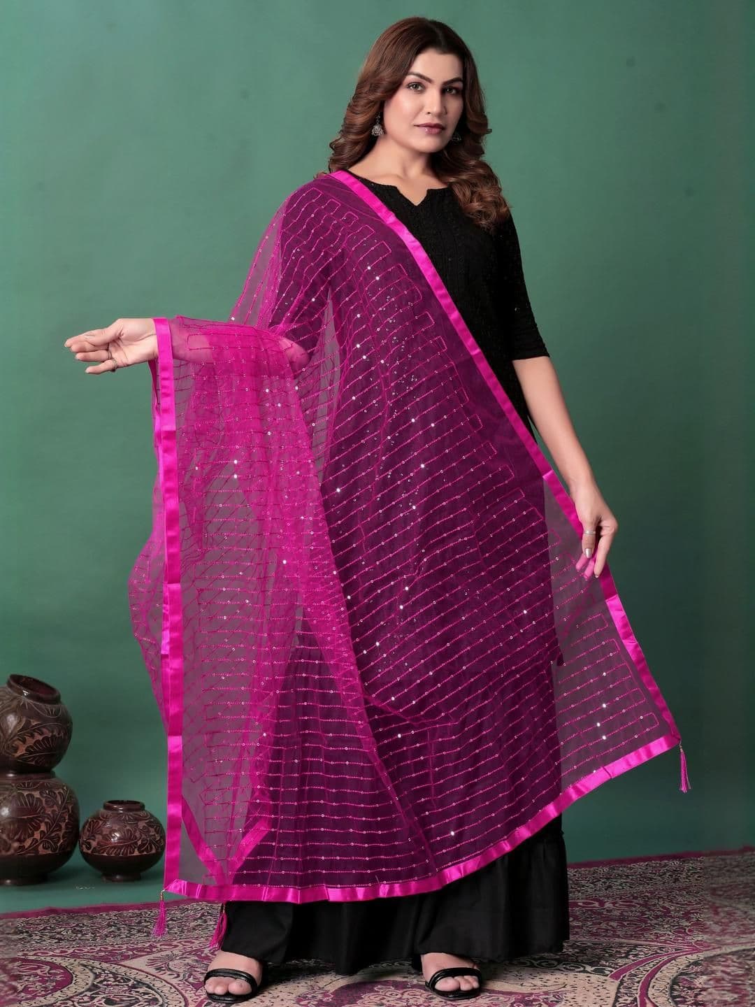 EBADAT Embroidered Pink Cotton Dupatta - view 1
