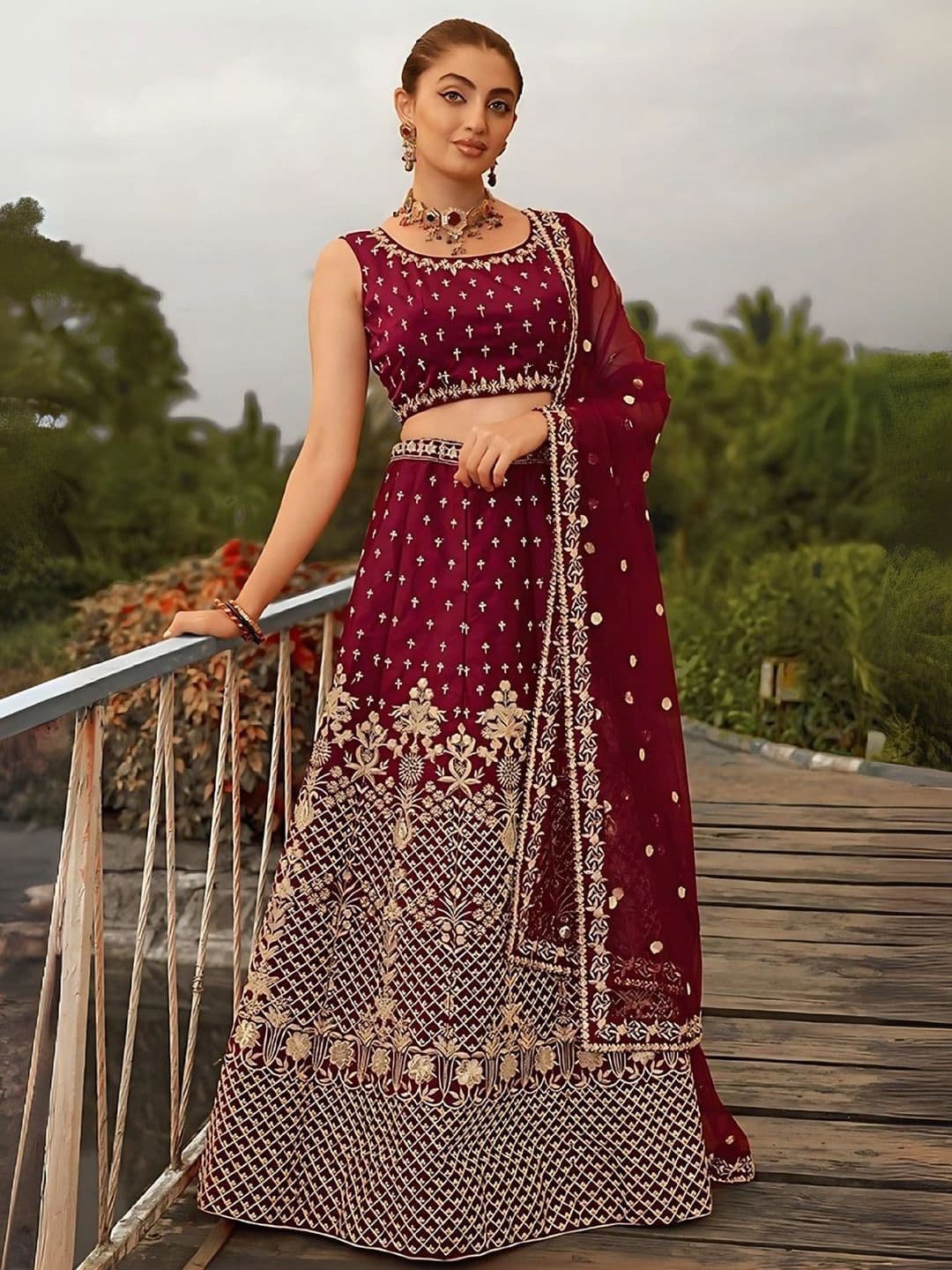 ODETTE Maroon Floral Embroidered Semi-Stitched Silk Lehenga & Unstitched Blouse With Dupatta - view 1