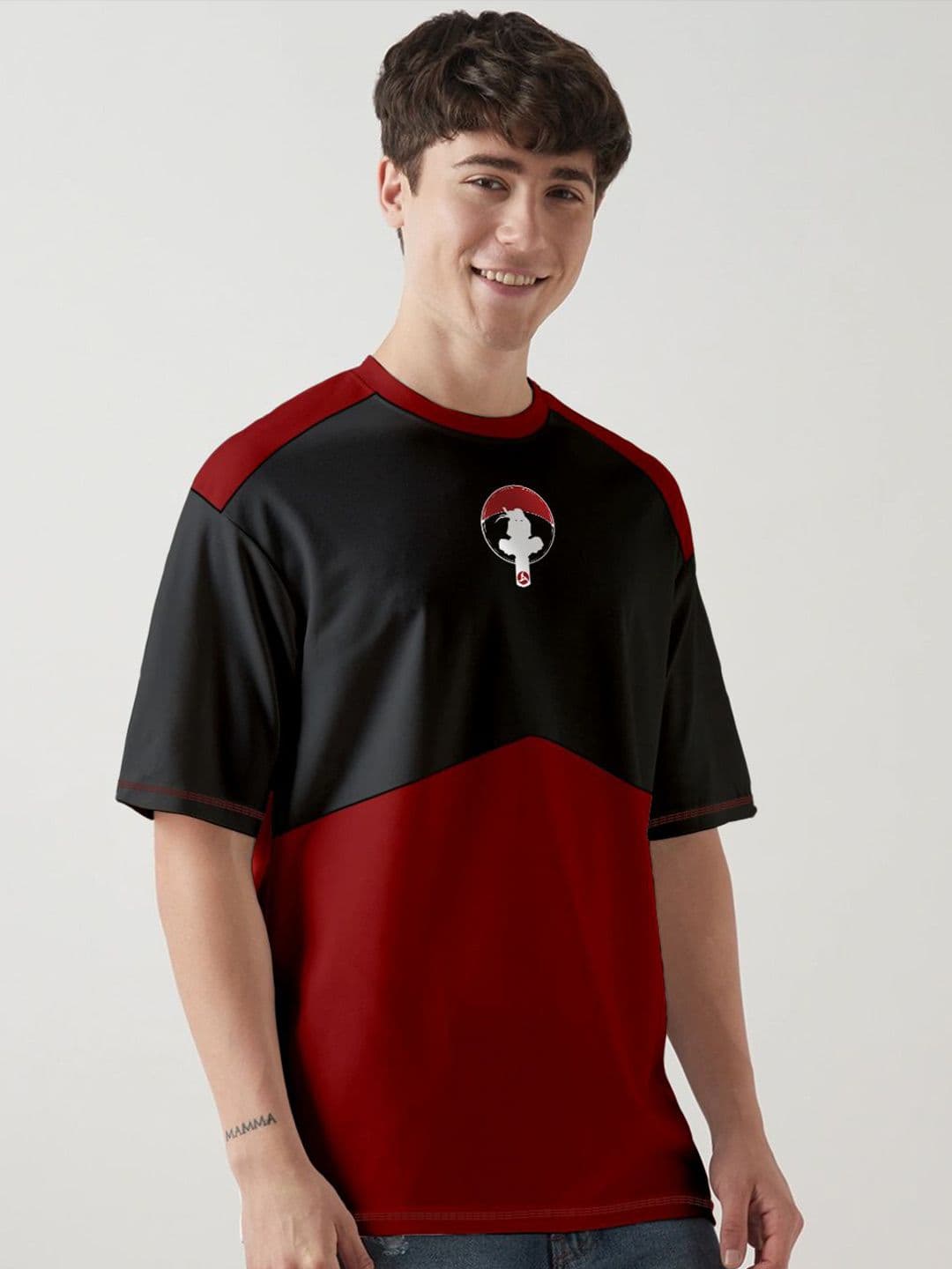 Crazymonk Itachi X Sharingan Printed Drop-Shoulder Sleeves Oversized Cotton T-shirt - view 1