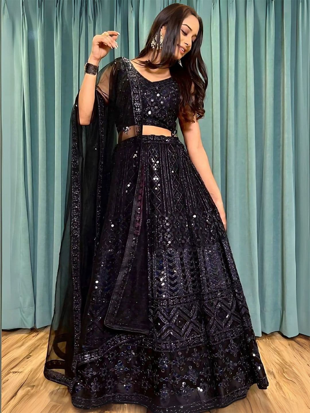 ODETTE Black Geometric Embroidered Semi-Stitched Net Lehenga & Unstitched Blouse With Dupatta - view 1