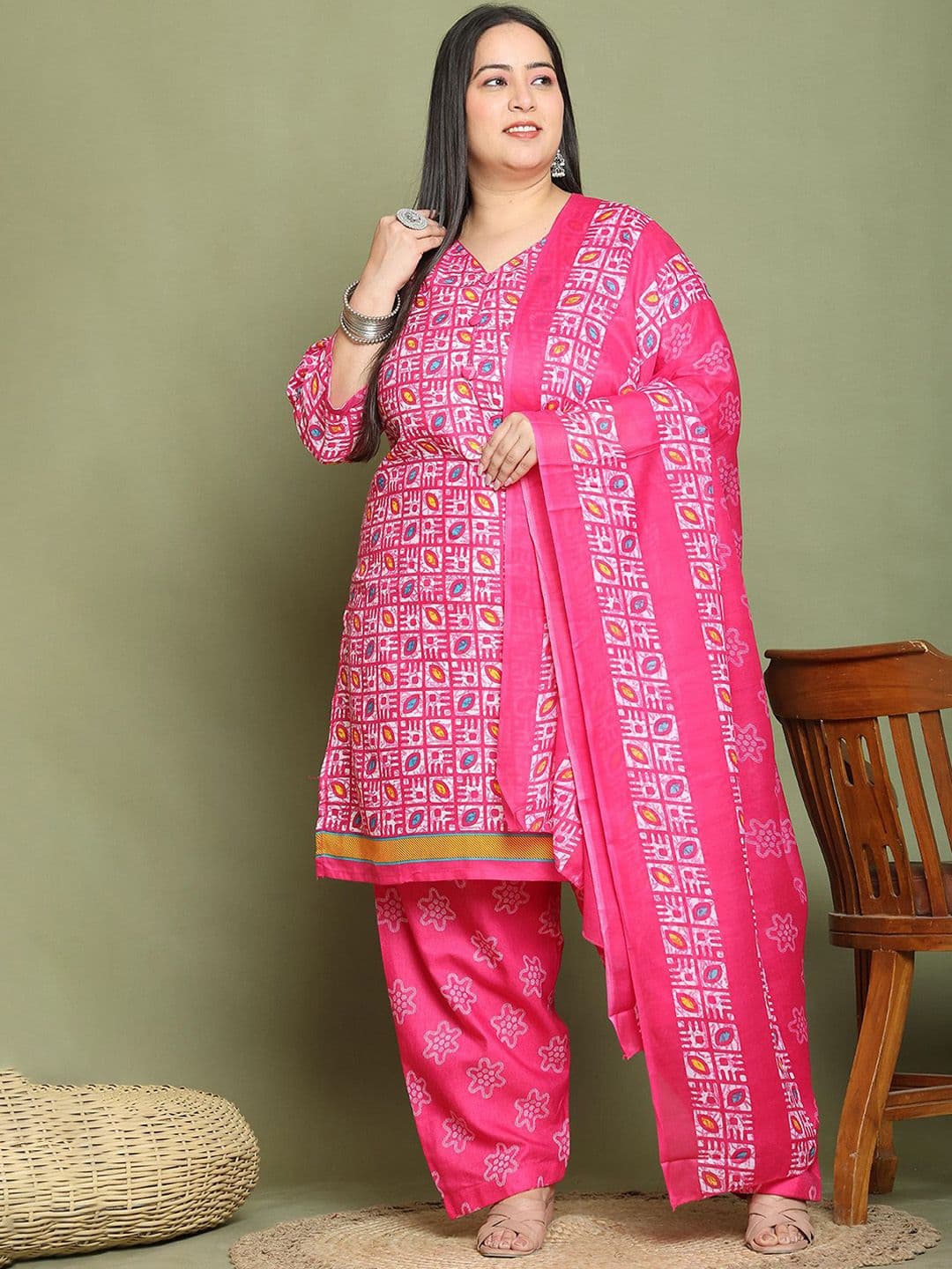 KALINI Women Plus Size Geometric Printed Kurta with Trousers & Dupatta - view 1