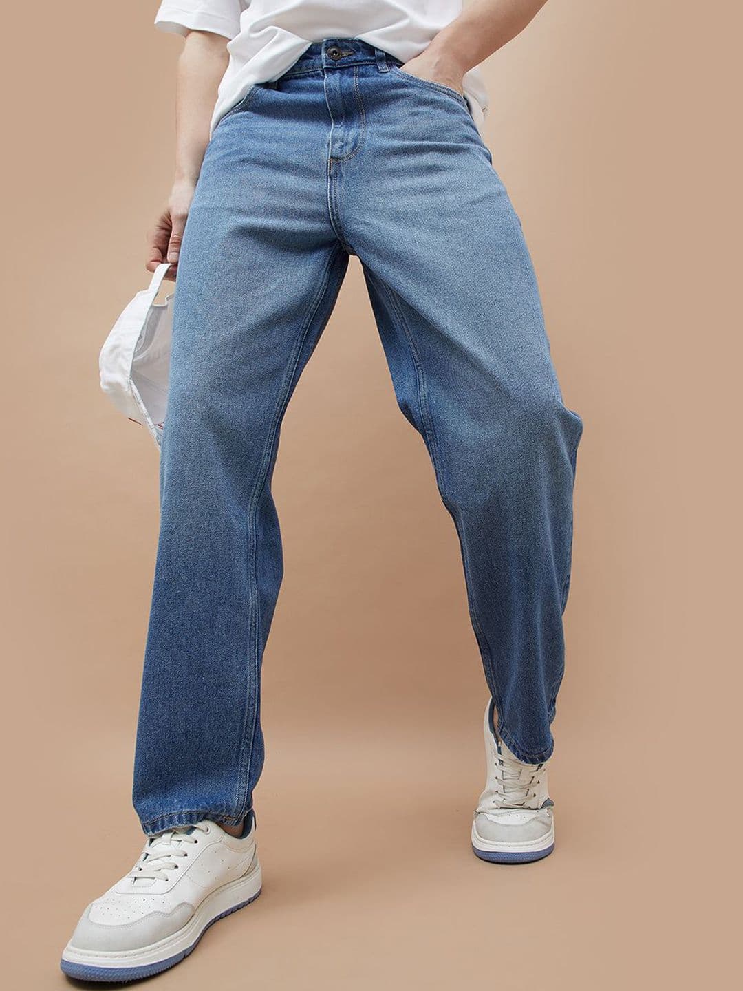 Forca by Lifestyle Men Wide Leg Mid-Rise Low Distress Light Fade Cotton Jeans - view 1