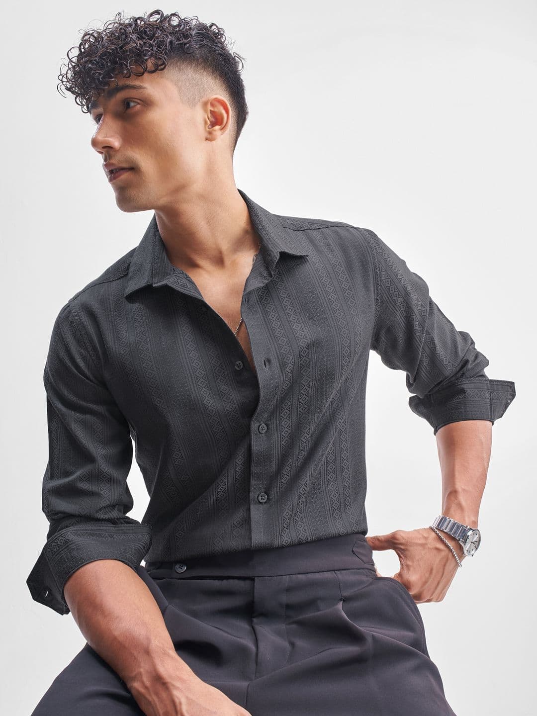 HIGHLANDER Men Slim Fit Textured Spread Collar Casual Shirt - view 1