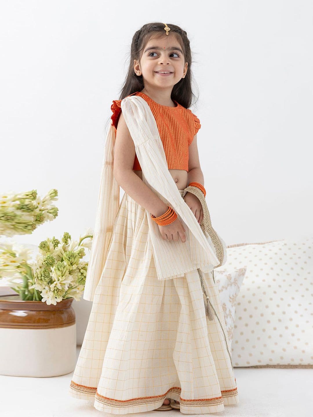 Tiber Taber Girls Stripes Lurex Woven Design Lace Cotton Ready to Wear Choli Lehenga - view 1