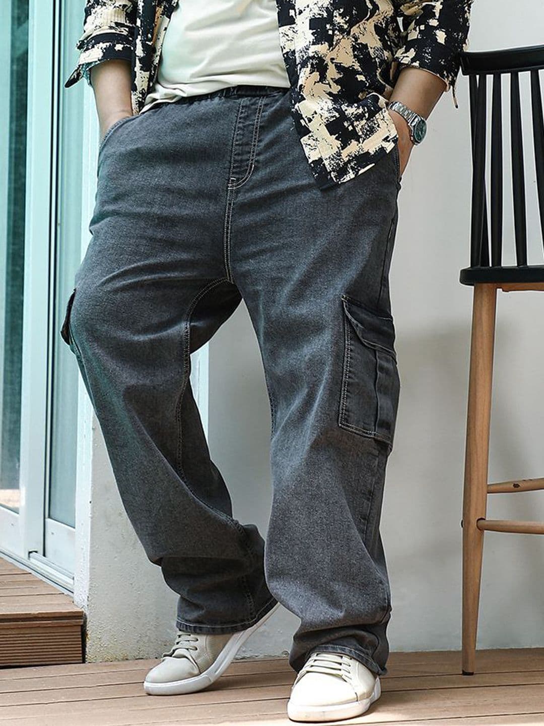 Instafab Plus Men Plus Size Comfort Crinkle Regular Fit Mid-Rise Cargo Styles Cotton Jeans - view 1