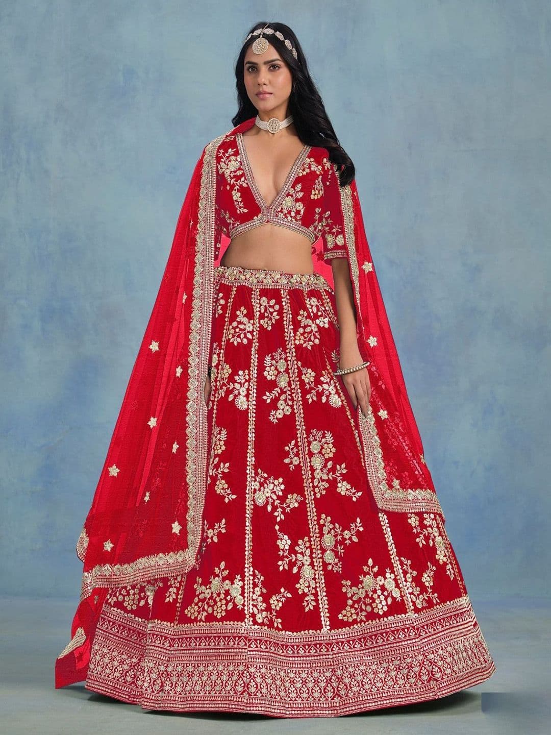 ODETTE Red Embroidered Sequinned Semi-Stitched Silk Lehenga & Unstitched Blouse With Dupatta - view 1