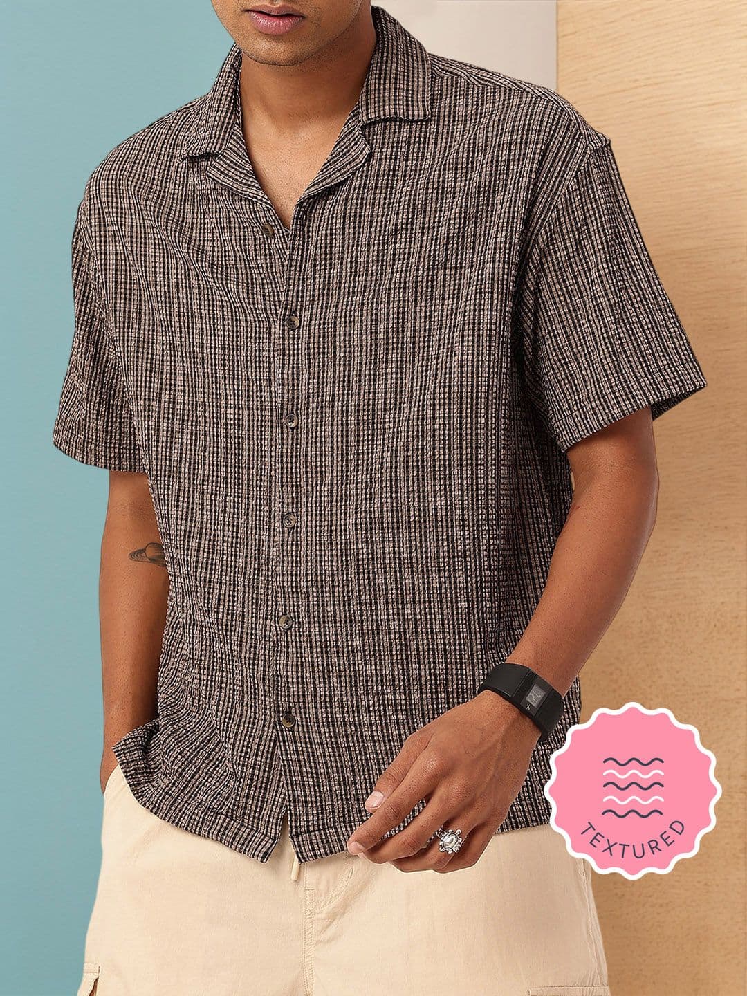 WROGN X fwd Textured Stripes Seersucker Oversized Shirt - view 1